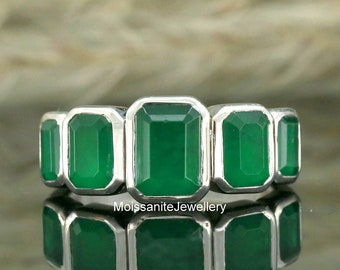 Vermeil Emerald Ring, Five Green Emerald Diamond Ring, 14K Solid White Gold Ring, Bezel Setting Green Gemstone Diamond Ring Gift For Her