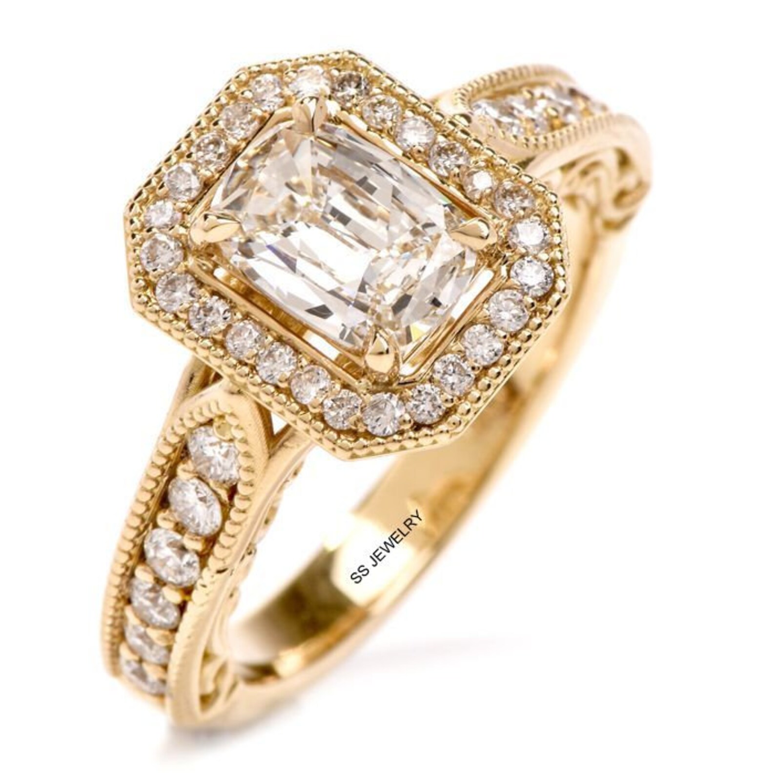 2 Ct Elongated Cushion Engagement 14K Yellow Gold Ring Old Etsy