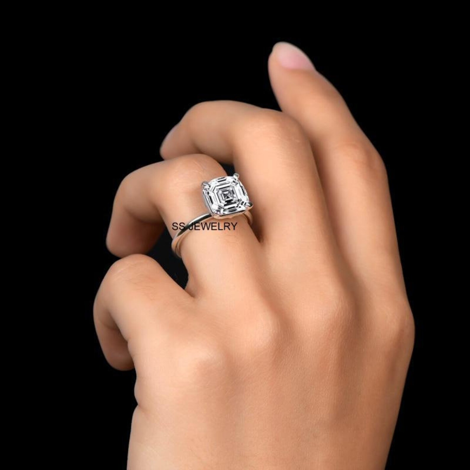 3 Carat Asscher Cut Colorless Moissanite Ring 14K White Gold Etsy