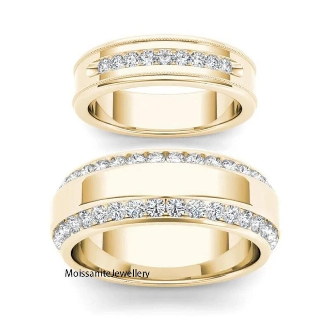Couple Wedding Bands, Simple Row Round Diamond Band, His and Her ...