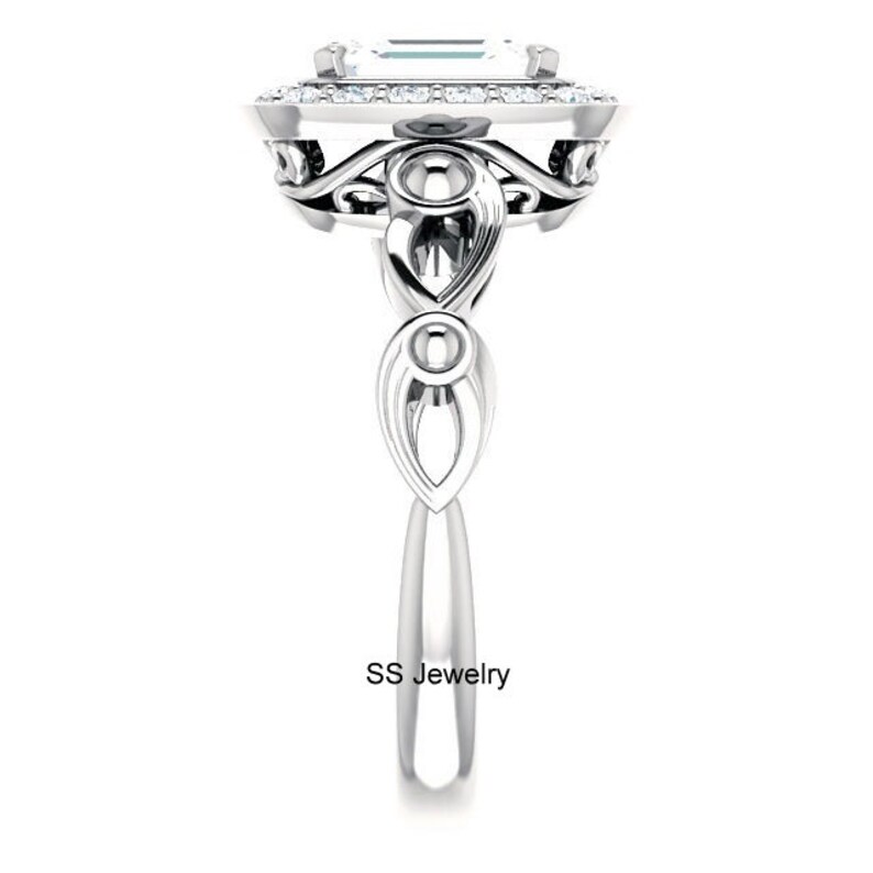Filigree Engagement Ring Halo Ring in 14Kt White Gold Art Deco Wedding Ring Pave Set Ring 1.00 Ct Emerald Cut Near Colorless Moissanite