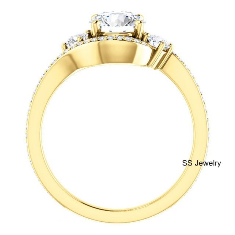1Ct Round Brilliant Cut Ring Three Stone Ring Near Colorless Moissanite Ring For Wedding Halo Engagement Ring 10Kt14Kt18Kt Yellow Gold