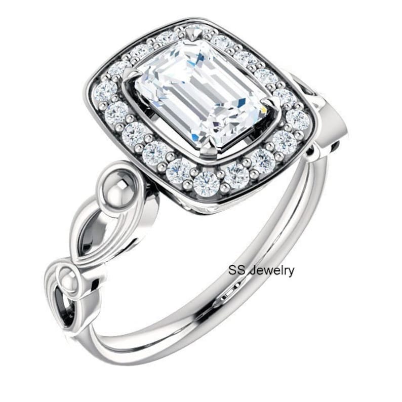 Filigree Engagement Ring Halo Ring in 14Kt White Gold Art Deco Wedding Ring Pave Set Ring 1.00 Ct Emerald Cut Near Colorless Moissanite
