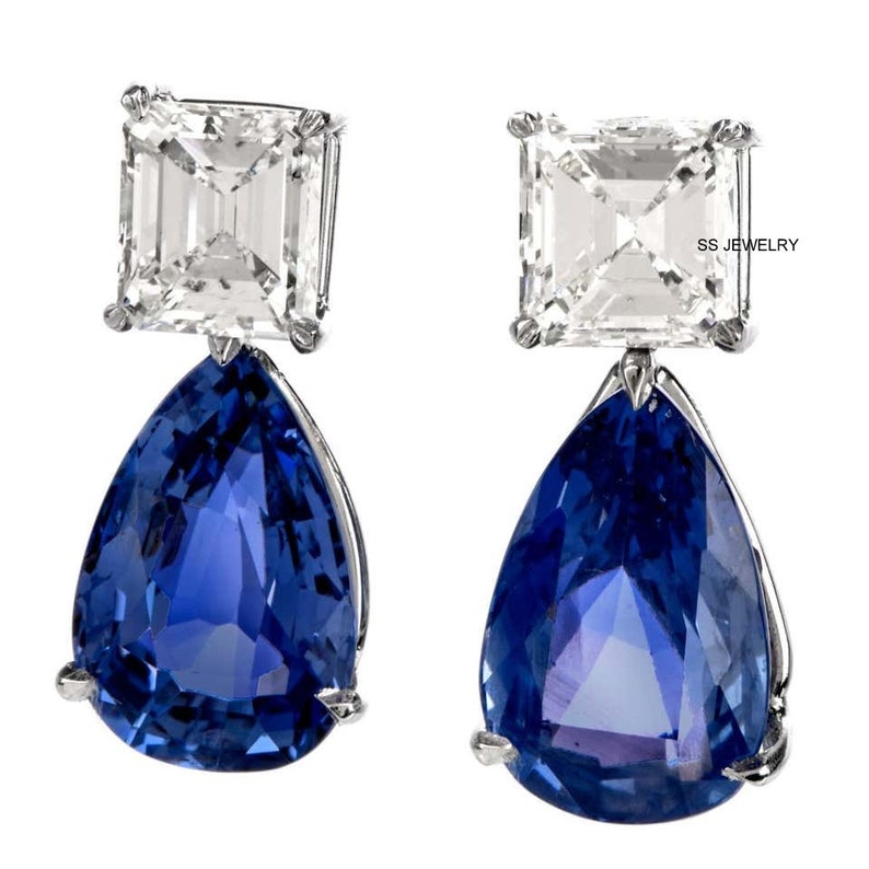 Antique Earrings Two Stone Earrings In 14K White Gold Pear Cut Blue Sapphire Earrings Stud Earrings 4Ct Asscher Cut Moissanite Earrings