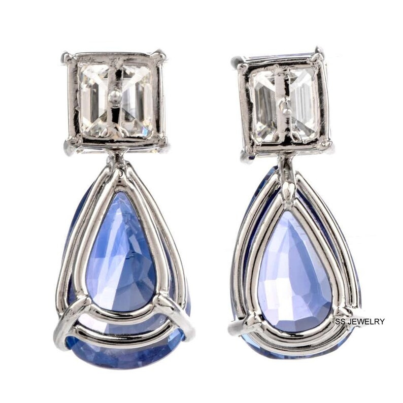 Antique Earrings Two Stone Earrings In 14K White Gold Pear Cut Blue Sapphire Earrings Stud Earrings 4Ct Asscher Cut Moissanite Earrings