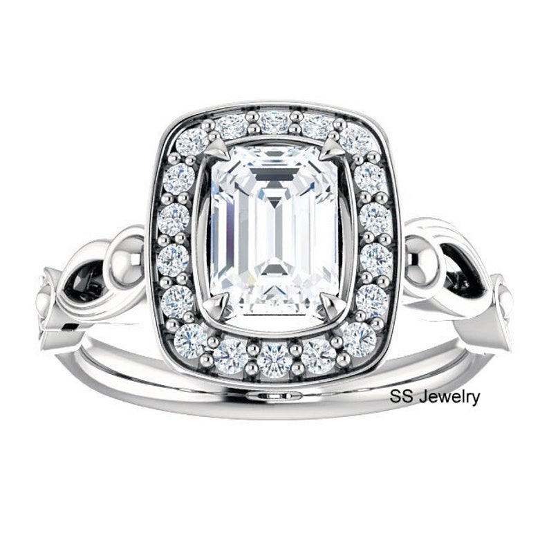 Filigree Engagement Ring Halo Ring in 14Kt White Gold Art Deco Wedding Ring Pave Set Ring 1.00 Ct Emerald Cut Near Colorless Moissanite