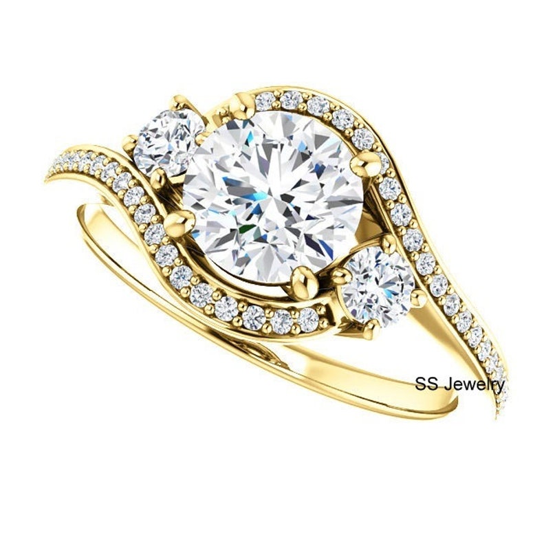 1Ct Round Brilliant Cut Ring Three Stone Ring Near Colorless Moissanite Ring For Wedding Halo Engagement Ring 10Kt14Kt18Kt Yellow Gold