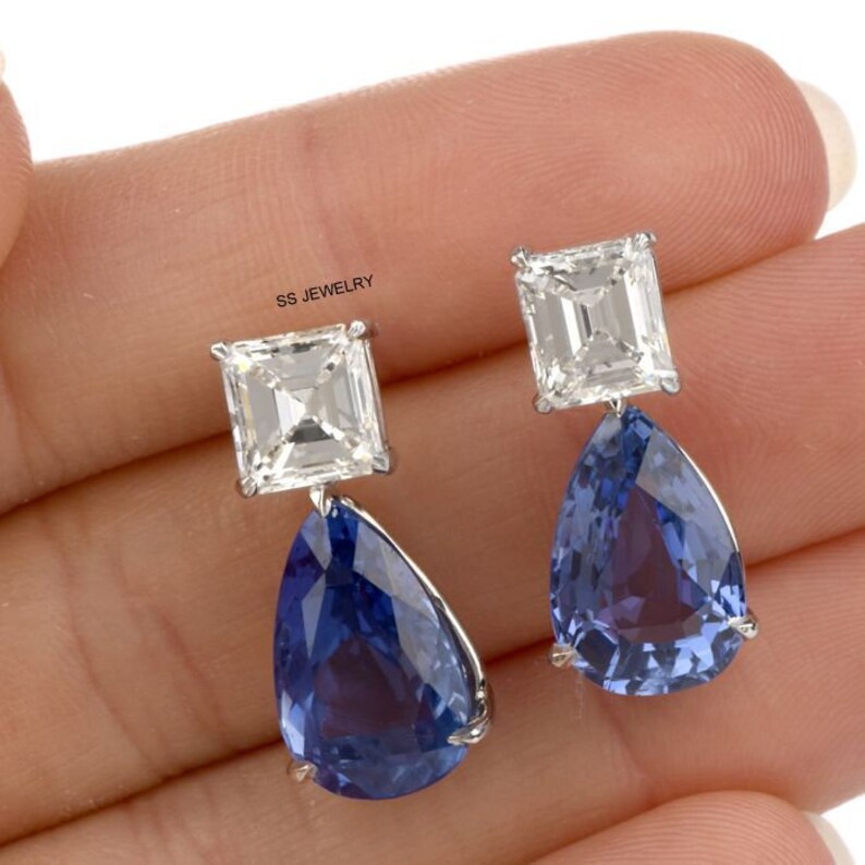 Antique Earrings Two Stone Earrings In 14K White Gold Pear Cut Blue Sapphire Earrings Stud Earrings 4Ct Asscher Cut Moissanite Earrings