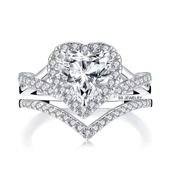 1.00 Ct Heart Cut Moissanite Engagement Ring Set Halo | Etsy