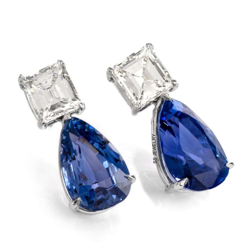 Antique Earrings Two Stone Earrings In 14K White Gold Pear Cut Blue Sapphire Earrings Stud Earrings 4Ct Asscher Cut Moissanite Earrings