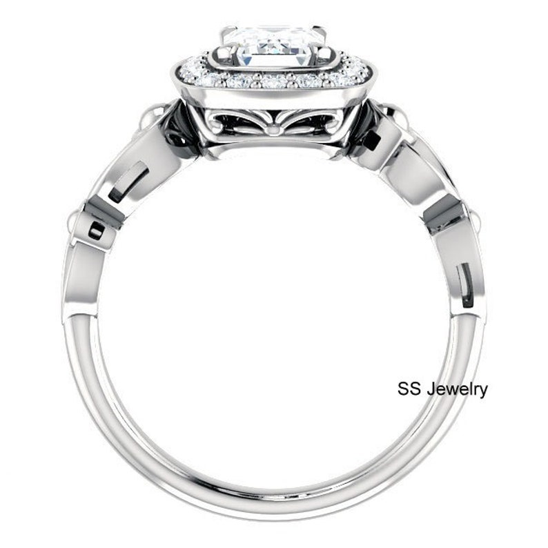 Filigree Engagement Ring Halo Ring in 14Kt White Gold Art Deco Wedding Ring Pave Set Ring 1.00 Ct Emerald Cut Near Colorless Moissanite
