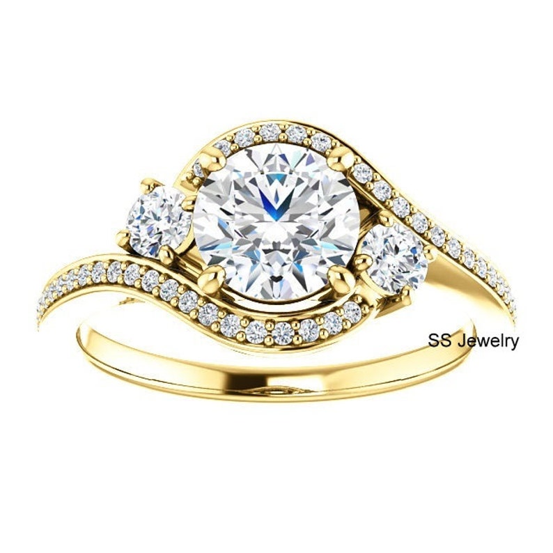 1Ct Round Brilliant Cut Ring Three Stone Ring Near Colorless Moissanite Ring For Wedding Halo Engagement Ring 10Kt14Kt18Kt Yellow Gold