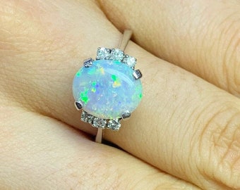 Vintage Natural Opal & Diamond 14ct White Gold Ring. Good Quality Opal With Good Colours.