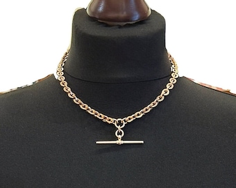 Antique Edwardian 9ct Rose Gold Albert Watch Chain with T-Bar. Ornate Oval Link. Dated Birmingham 1912. 16.0 Inches or 40.6cm in Length