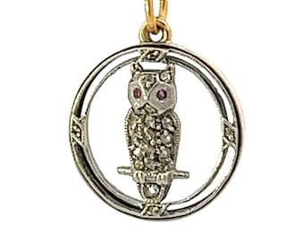 Antique Ruby and Rose Cut Diamond 14ct Gold Owl Pendant or Charm.