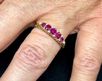 Antique Certificated Natural Ruby and Diamond Carved 5 Stone 18ct Gold Ring. English Hallmarked 1894.