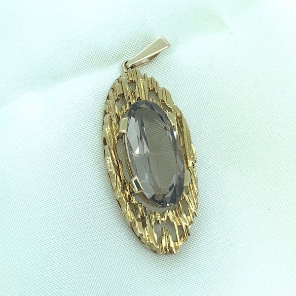 Vintage Smoky Quartz  Retro Gold Bark Pendant.  Very ' Andrew Grima'.  1970's