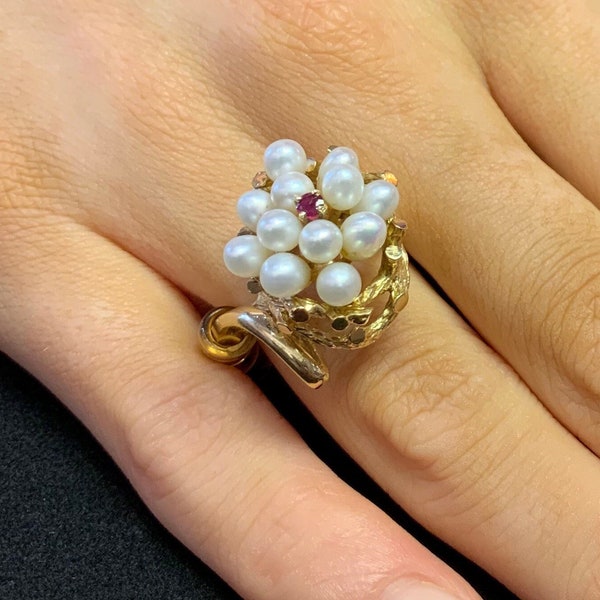 Vintage Pearl and Ruby 14ct Gold Cocktail/Dress Ring. Naturalistic Bark Finish Design. In The Style of Andrew Grima.