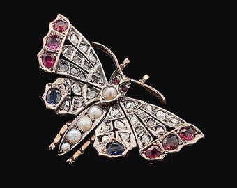 Antique Victorian Diamond, Sapphire, Ruby and Pearl Butterfly Brooch. Rose Gold and Silver Set.  English 1890-1900