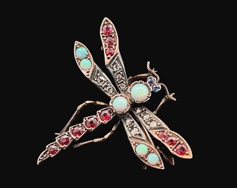 Antique Victorian Ruby, Opal, Diamond and Sapphire Dragonfly Brooch. Rose Gold and Silver Set. Just Beautiful.