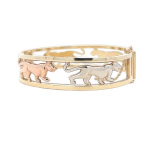 Vintage Tri Colour 9ct Gold Panther Openwork Hinged Bangle. Gold Panthere Bangle. Dated Sheffield 1982