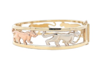 Vintage Tri Colour 9ct Gold Panther Openwork Hinged Bangle. Gold Panthere Bangle. Dated Sheffield 1982