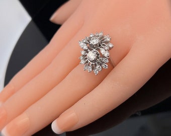 Vintage Diamond 18ct White Gold Double Cluster Cocktail Ring. Circa 1960's. 1.75 Carats.