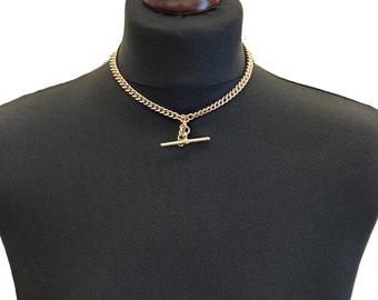 Antique Edwardian 9ct Rose Gold Albert Watch Chain with T-Bar. Graduated Curb Link. Chester 1912. 15.5 Inches or 39.3cm in Length