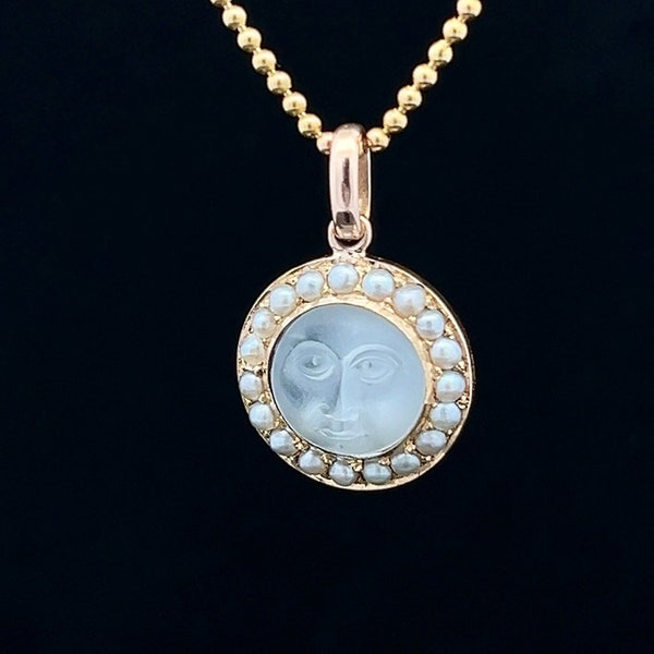 Antique Edwardian 'Man in the Moon' Moonstone & Pearl 15ct Gold Pendant. English Circa 1900.