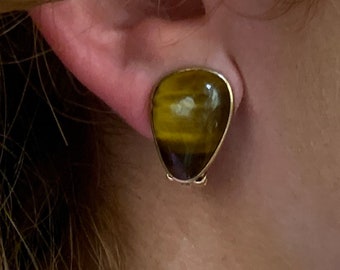 Vintage Tiger's Eye 9ct Gold Earrings. Clip On Earring Fittings.