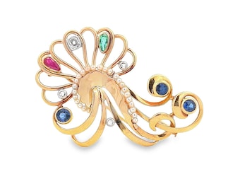 Broche Vintage En Or 18 Carats Avec Diamants Et Saphirs - Époque Années 1950 - Parfait état