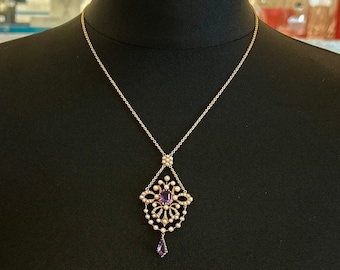 Edwardian 15ct Gold Amethyst Pearl Pendant Necklace, Art Nouveau