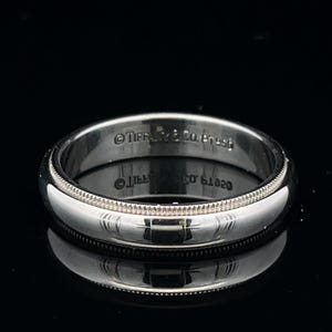 Platinum Heavy Weight Milgrain Wedding Ring. Tiffany 'Together' 4mm Band. 8.0g. Polished.