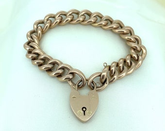 Good Large Antique 9ct Rose Gold Curb Bracelet with 9ct Rose Gold Padlock