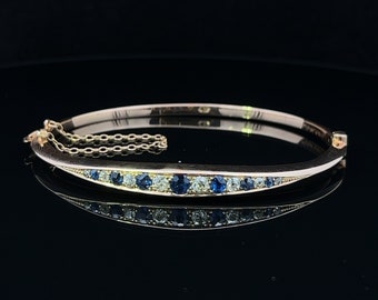 Antique Victorian Old European Cut Diamond and Sapphire 15ct Gold Hinged Bangle. Circa 1890 - 1900. Super Crisp Example.