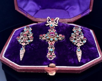 Parure austro-hongroise antique en grenat et turquoise, néo-Renaissance