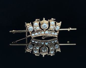 Antique Edwardian Diamond and Pearl 15ct Gold Naval Crown Brooch