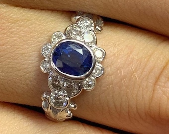 Vintage Sapphire and Diamond 18ct White Gold Cluster Ring