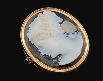 Puede incluir: Un broche de camafeo con marco dorado que presenta un camafeo blanco de perfil de mujer. El camafeo está sobre un fondo negro.