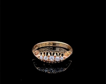 Antique 5 Stone Diamond Ring. 18ct Gold Carved Ring. Victorian. English. Hallmarked 1864.