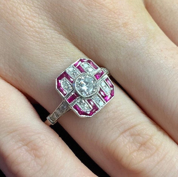 Art Deco Diamond & Ruby Ring. 18ct White Gold. Ca… - image 3