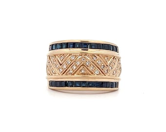 Vintage Diamant und Saphir 9 Karat Gold Halb Eternity Ring. Breiter Band Eternity Ring aus 9 Karat Gold
