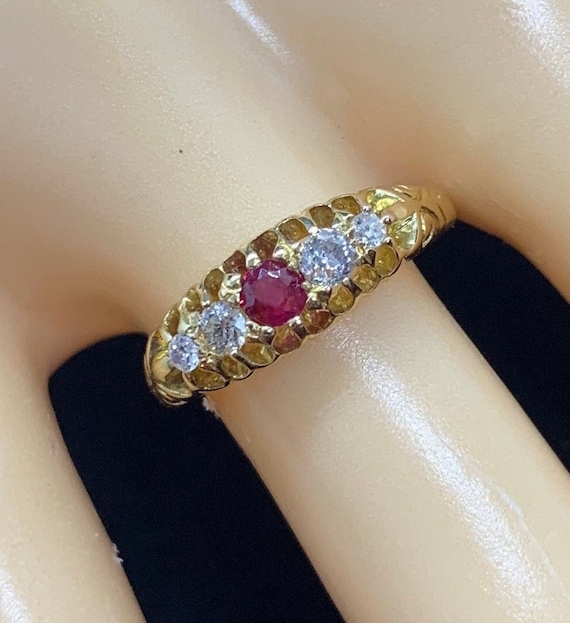 Antique Ruby and Old European Cut Diamond 5 Stone 