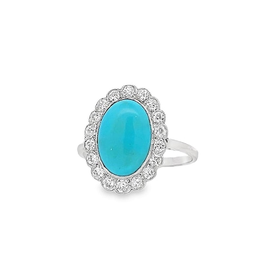Antique Edwardian Turquoise and Old European Cut Diamond Cluster Platinum Ring