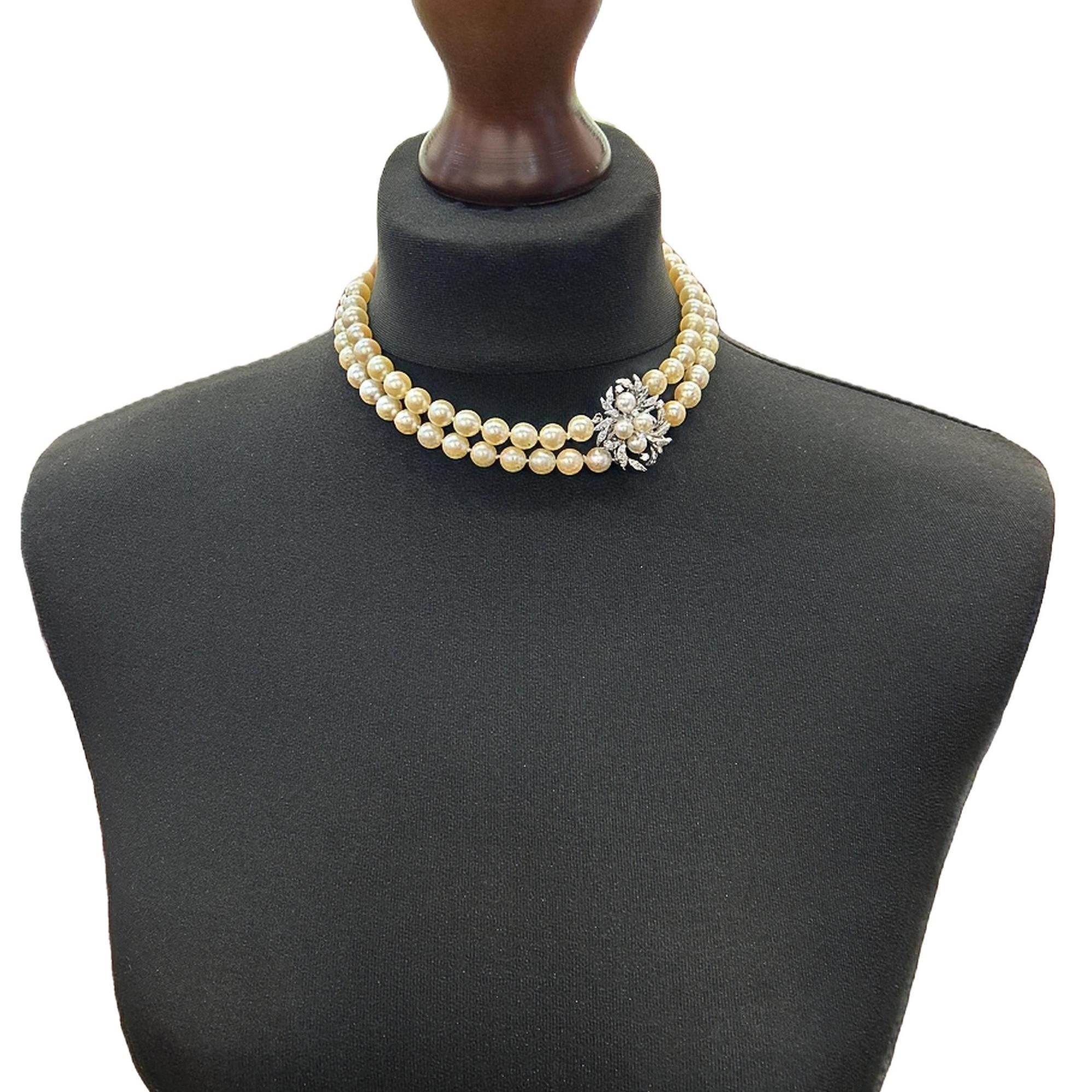 ★VINTAGE HOLLYWOOD★ Double Ring Pearl Necklace Magnificent Vintage Double Row Pearl Necklace With Pearl and