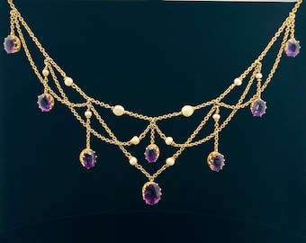 Antique Art Nouveau 15ct Gold Amethyst Pearl Festoon Necklace, Circa 1905