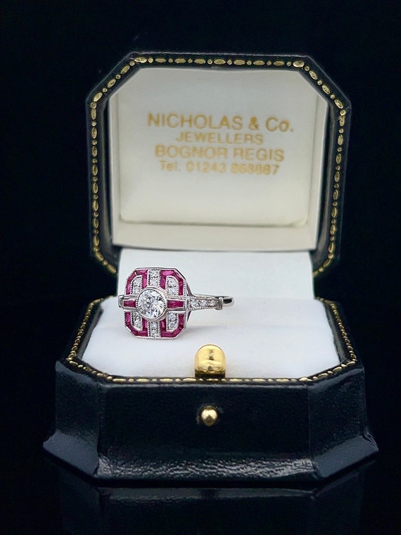 Art Deco Diamond & Ruby Ring. 18ct White Gold. Ca… - image 8