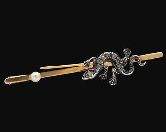 Antique Victorian Rose Cut Diamond & Natural Pearl Lizard Brooch. English Circa 1900. Late Victorian. 18ct Gold Bar / Silver Set.