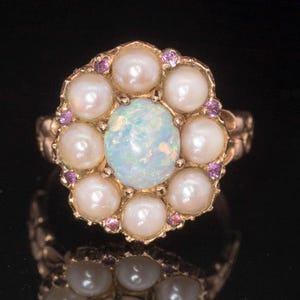 Vintage 9ct Gold, Opal, Cultured Pearl & Ruby Georgian Style Cluster Ring.