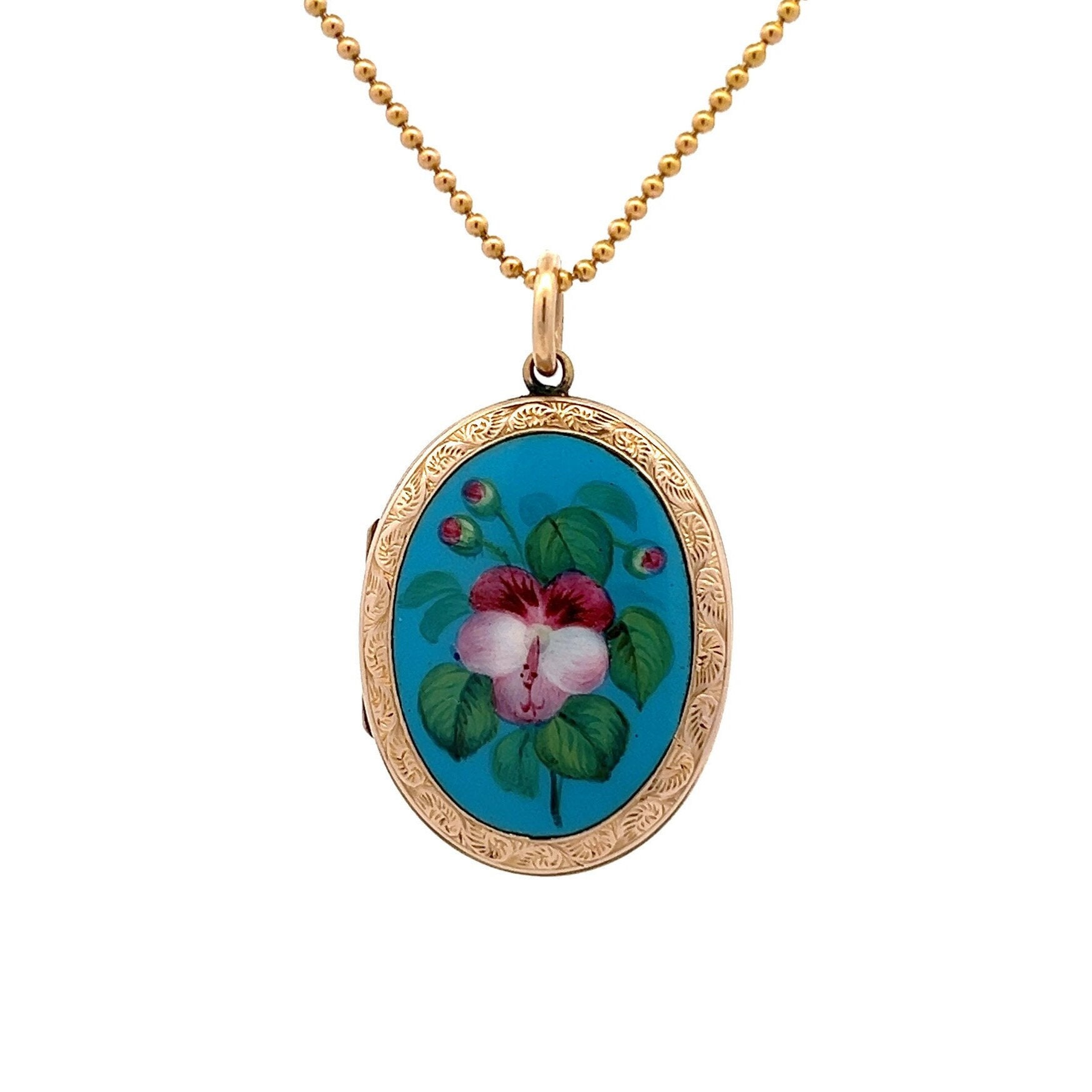Antique Enamel Pansy Hand Engraved 9ct Gold Back and Front Locket 